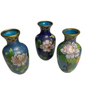 Set of 3 Vintage Cloisonne Asian Style Flowered Metal Vases 3 1/8" Tall